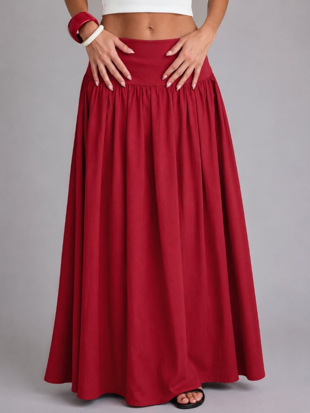 Women's Red Cotton High Waist Pleated Maxi Skirt Flowy Boho Summer - Picture 3 of 4